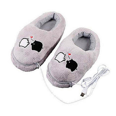 1 Pair USB Powered Cushion Shoes Electric Heat Slipper USB Gadget Cute Grey Piggy Plush USB Foot Warmer Shoes - Ismail$Shah